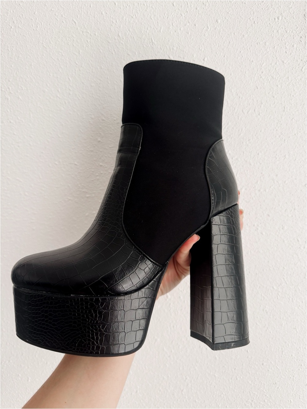 Black Platform Croc-Embossed Ankle Boots